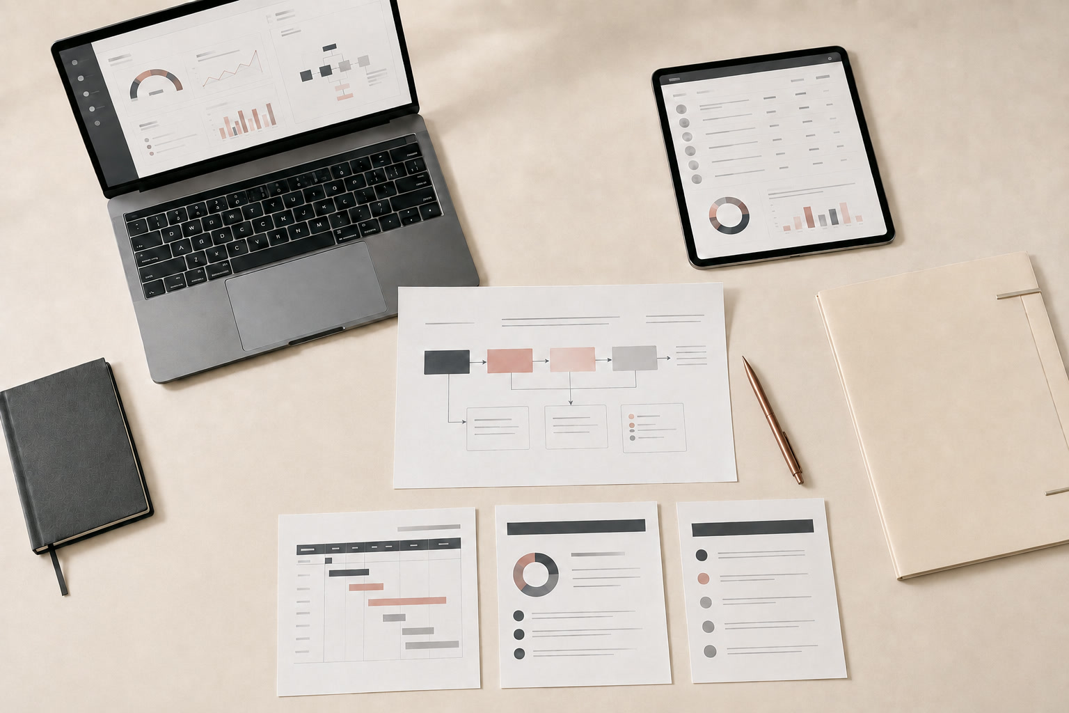 A nonprofit operations workspace with charts, dashboards, and planning documents